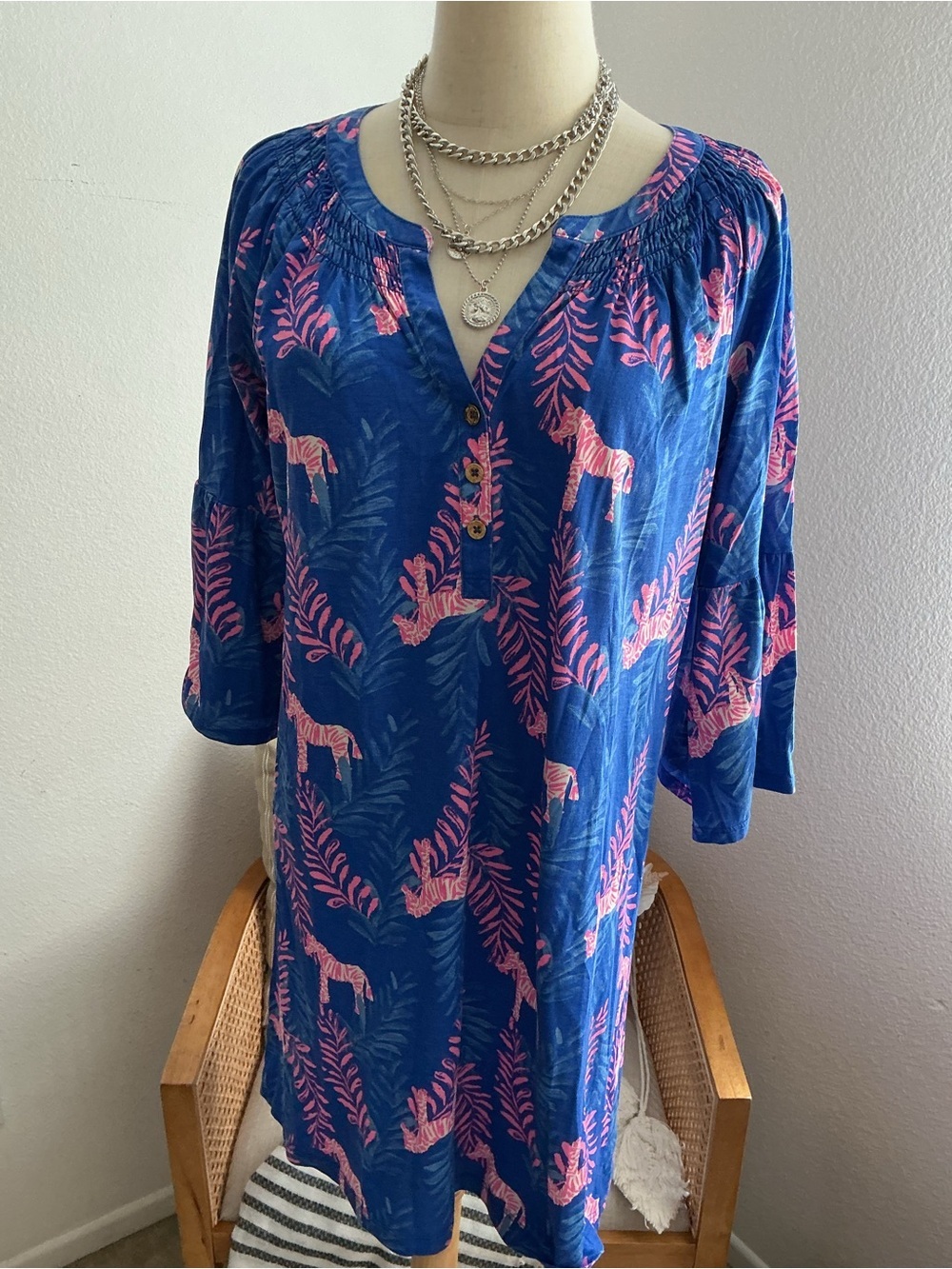 Lilly Pulitzer Blue Tunic Dress with Pink Leaf & Zebra Accent - Picture 2 of 10